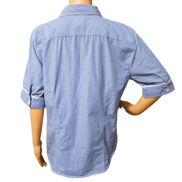 Chico's Blue White Stripe Button Front Shirt 2 / L Cotton Piping Coastal Preppy - Picture 3 of 13